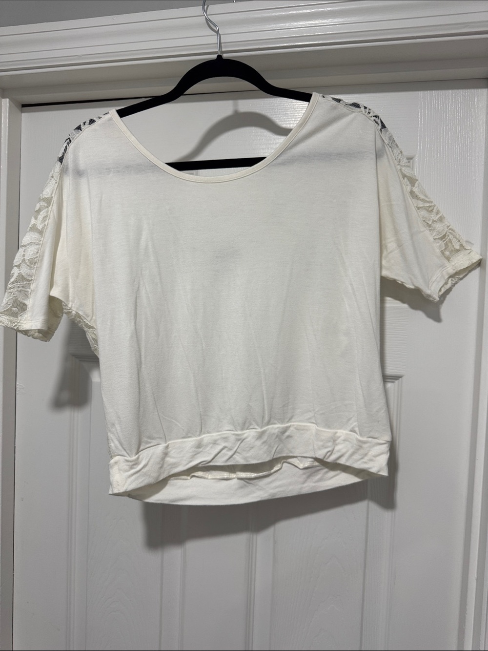 Express White Short Sleeve Top with Lace-Trim Shoulders/Back